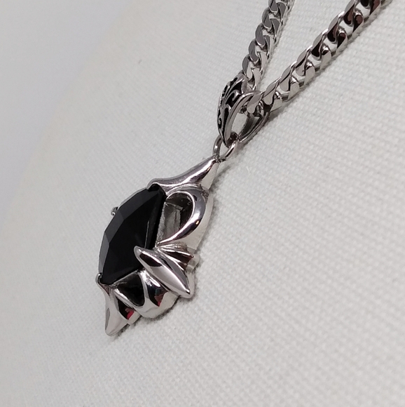 New large stainless steel chain pendant necklace men faux black onyx - Picture 2 of 5